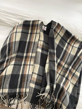 Plaid Fringe Blanket Scarf - Neutral Tones